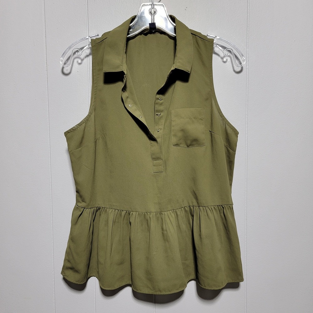 American Eagle Olive Green Sleeveless Peplum Blouse Collared Button Top Small